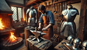 A medieval blacksmith working meticulously to assemble a suit of armor in a traditional workshop. The blacksmith, wearing a leather apron holding a hammer.