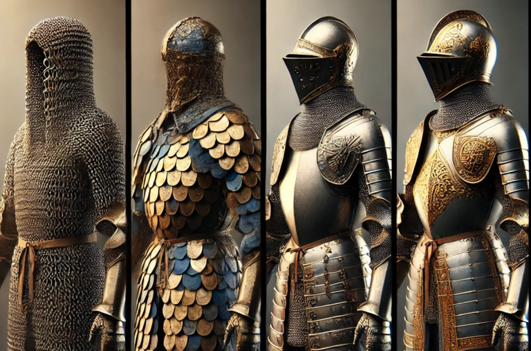 A depiction of different types of armor. Chainmail, Scalemail, Platemail, and ornate Platemail.