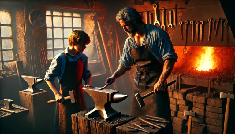 A master blacksmith training an apprentice.